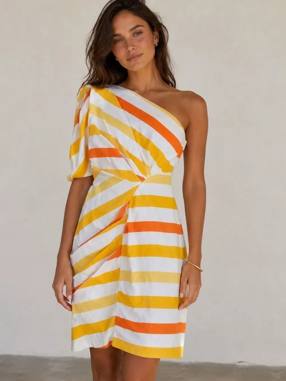 Eva Franco One-Shoulder Striped Dress in Yellow Orange White Rare SZ 2